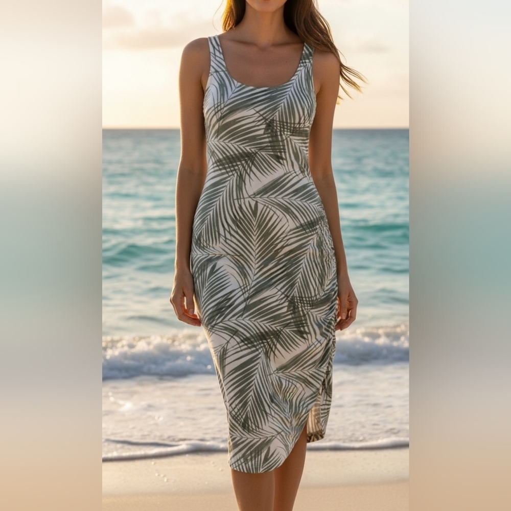 Women's Tart Sleveless Dress Tropical Palm Leaf Print Side Ruching Ivory Sage XS